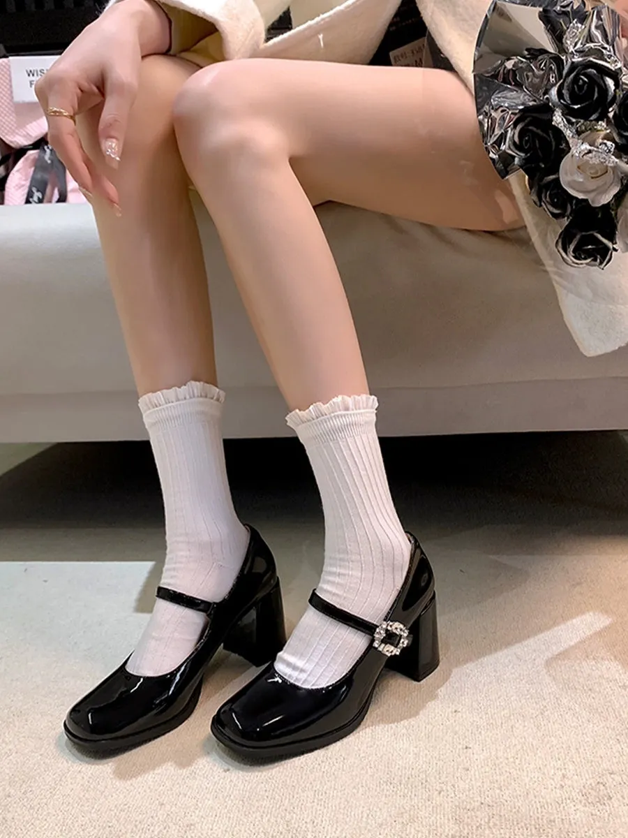 Square Toe Chunky Heeled Ankle Strap Mary Jane Pumps Shoes