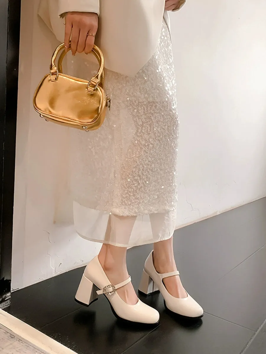 Square Toe Chunky Heeled Ankle Strap Mary Jane Pumps Shoes