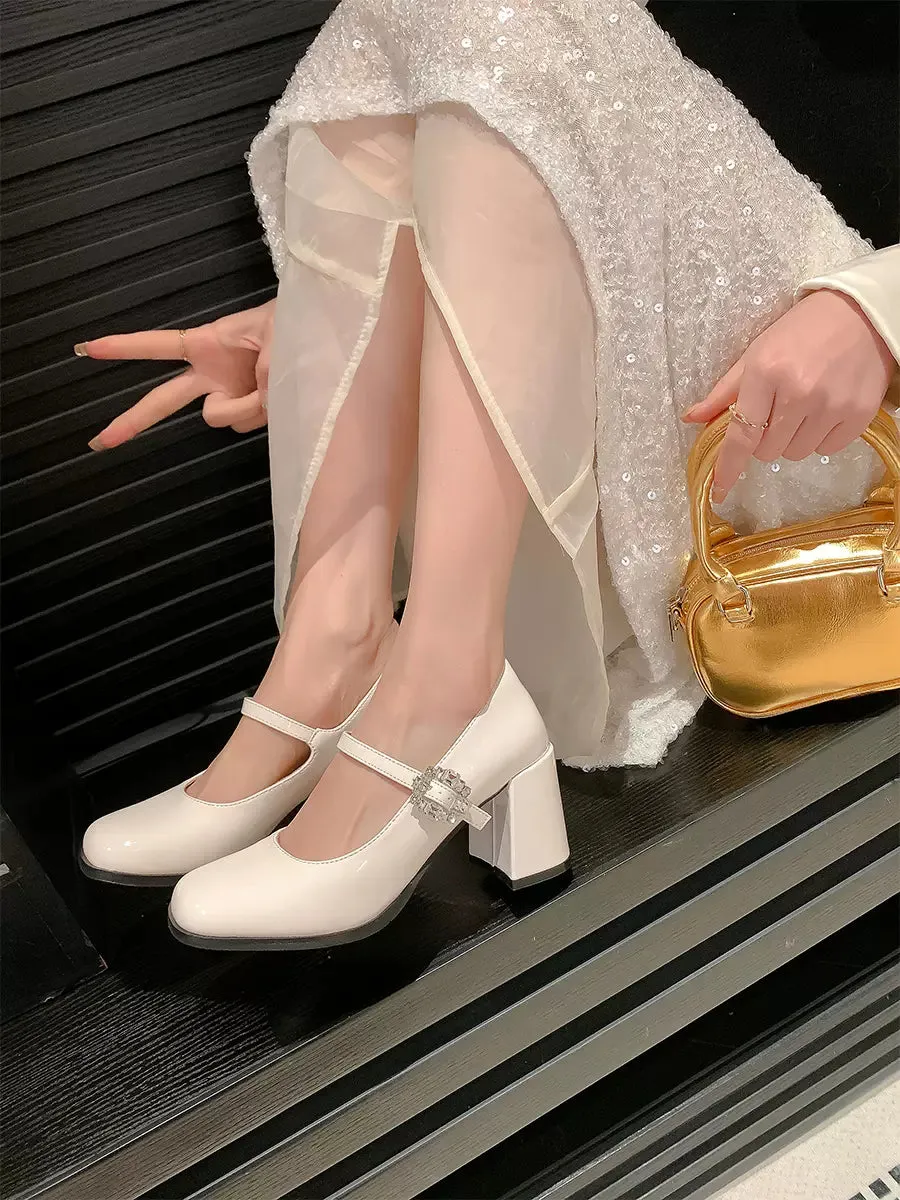 Square Toe Chunky Heeled Ankle Strap Mary Jane Pumps Shoes