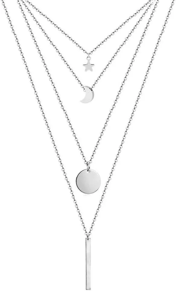 Stainless Steel Chain Pentacle Star Round Coin Moon Bar Pendants Necklaces For Women Multi Layered Necklaces