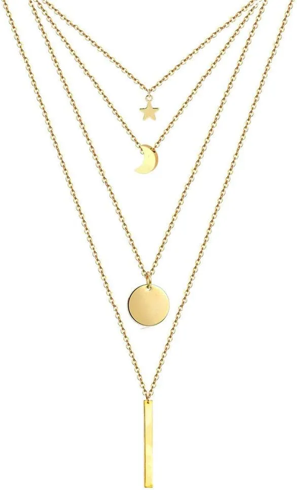 Stainless Steel Chain Pentacle Star Round Coin Moon Bar Pendants Necklaces For Women Multi Layered Necklaces