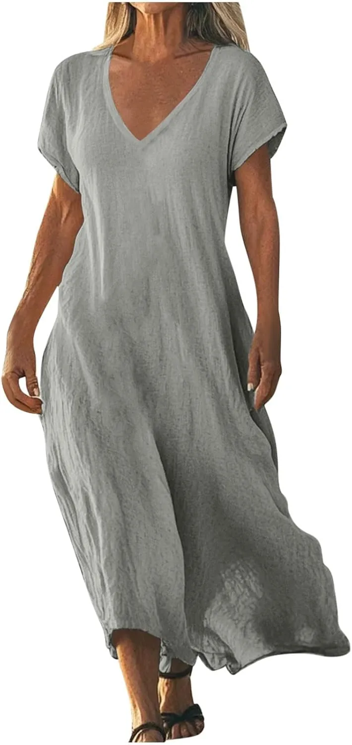 Summer Dresses for Women 2025 Fashion Vacation Short Sleeve Long Cotton Linen Dress Beach Maxi Sundress Clothes