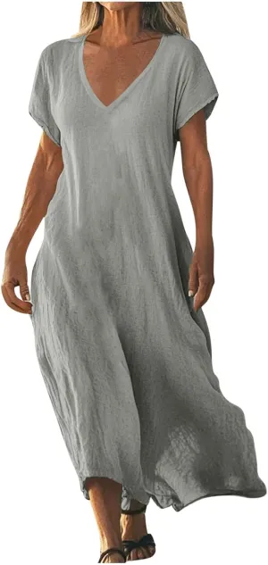 Summer Dresses for Women 2025 Fashion Vacation Short Sleeve Long Cotton Linen Dress Beach Maxi Sundress Clothes
