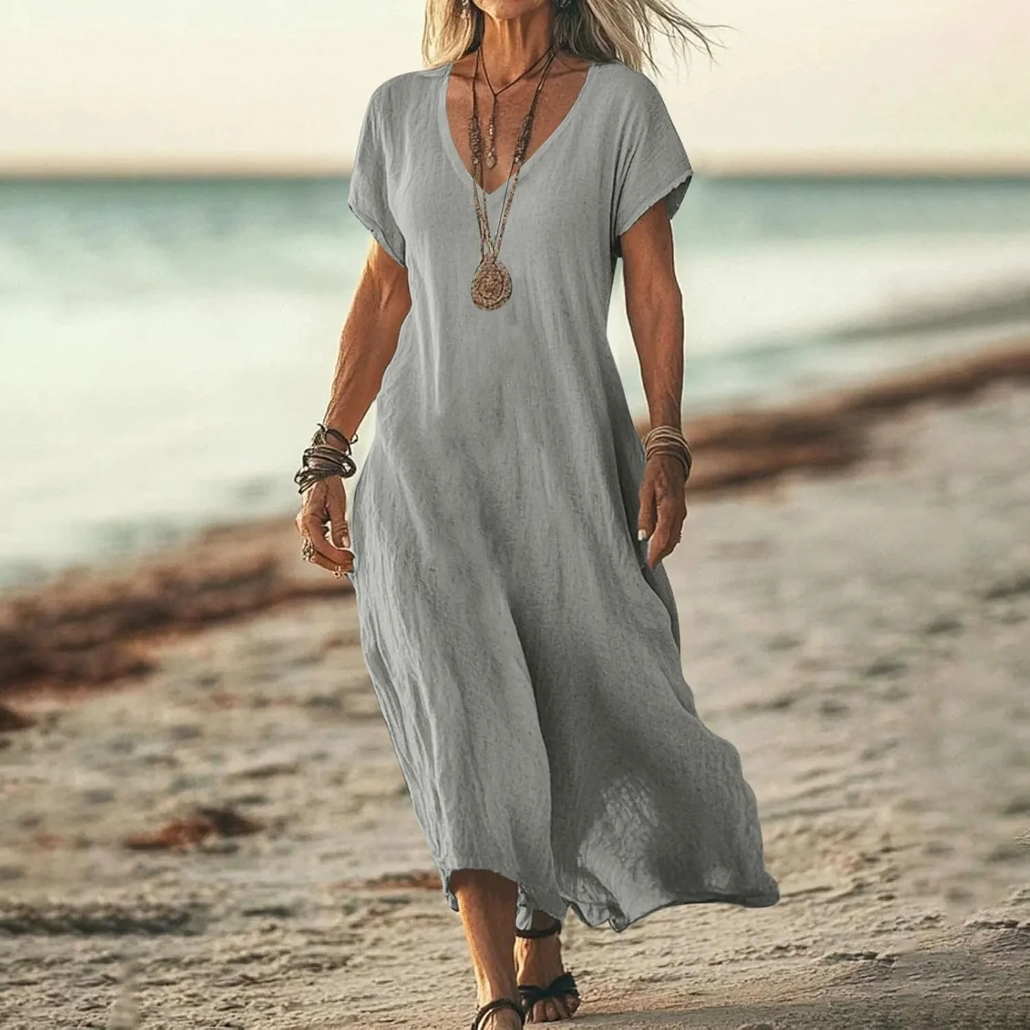 Summer Dresses for Women 2025 Fashion Vacation Short Sleeve Long Cotton Linen Dress Beach Maxi Sundress Clothes
