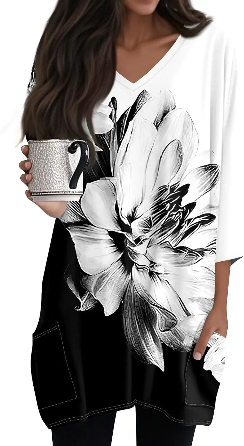 Summer Tops for Women Going Out Casual Tops Long V-Neck Spring Shirt 3/4 Length Sleeve Outfits