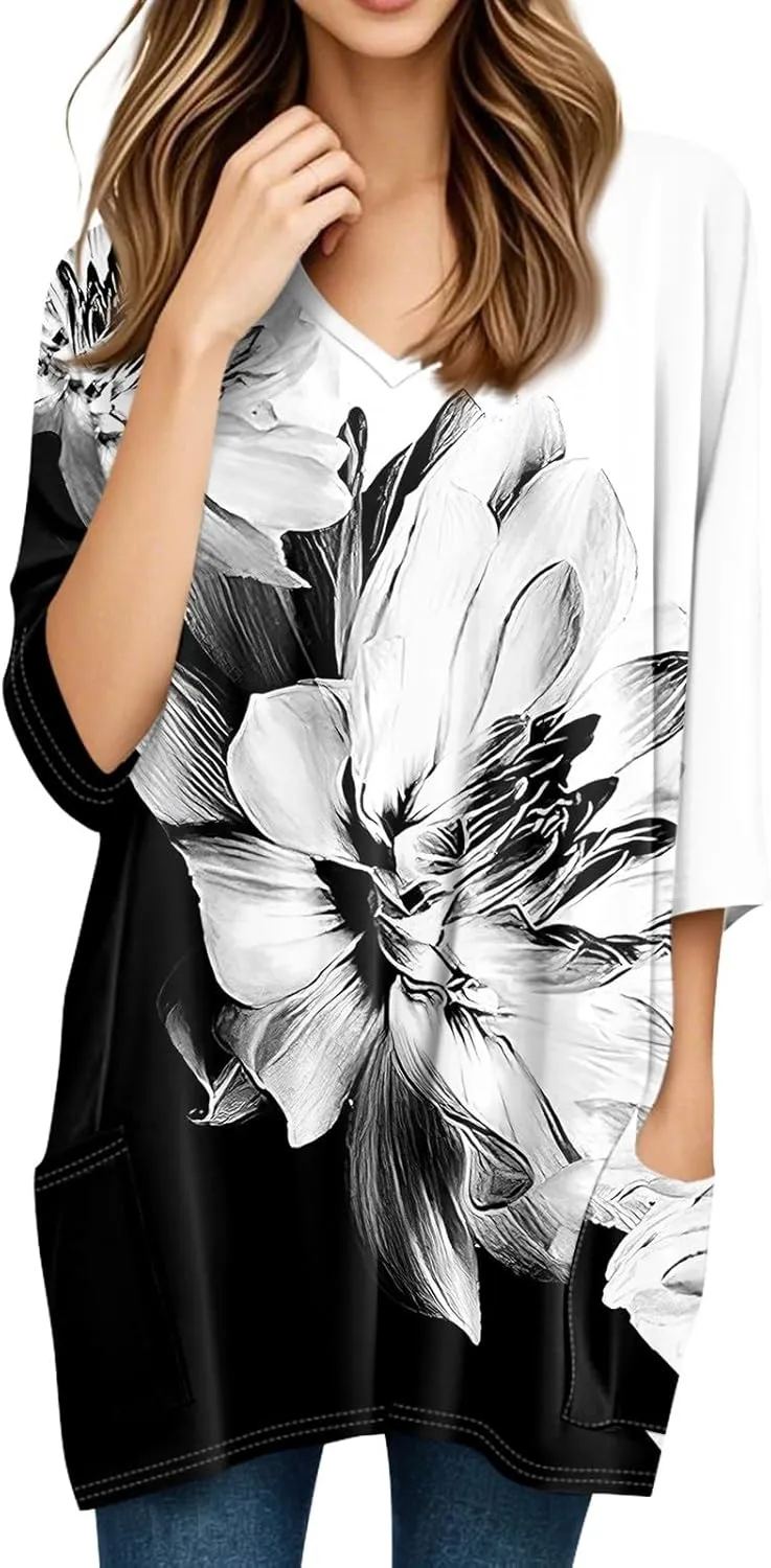 Summer Tops for Women Going Out Casual Tops Long V-Neck Spring Shirt 3/4 Length Sleeve Outfits
