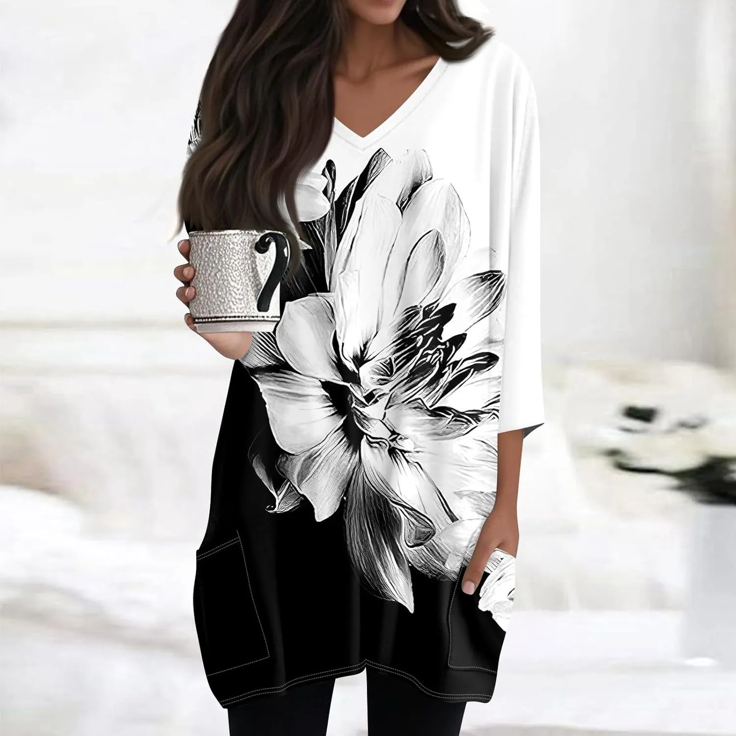 Summer Tops for Women Going Out Casual Tops Long V-Neck Spring Shirt 3/4 Length Sleeve Outfits