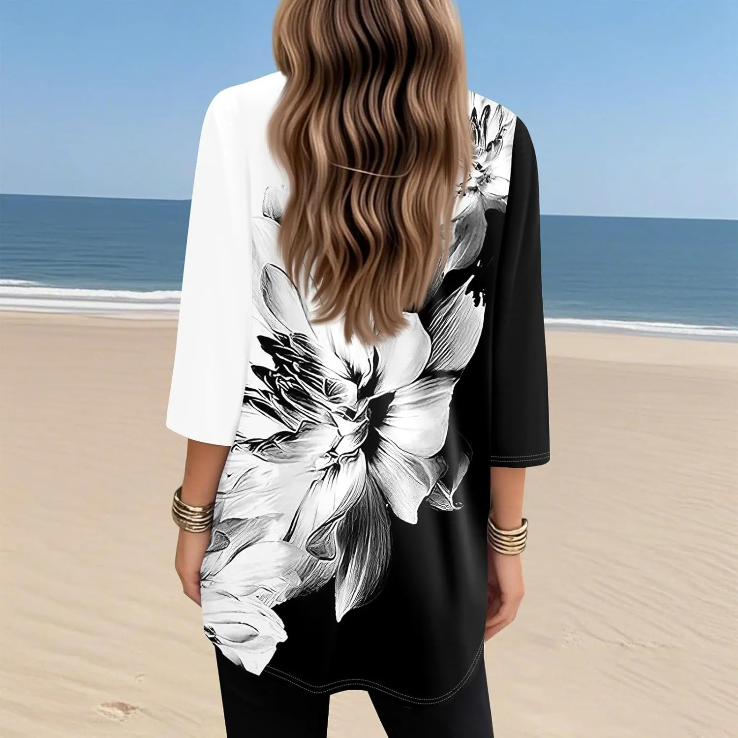 Summer Tops for Women Going Out Casual Tops Long V-Neck Spring Shirt 3/4 Length Sleeve Outfits