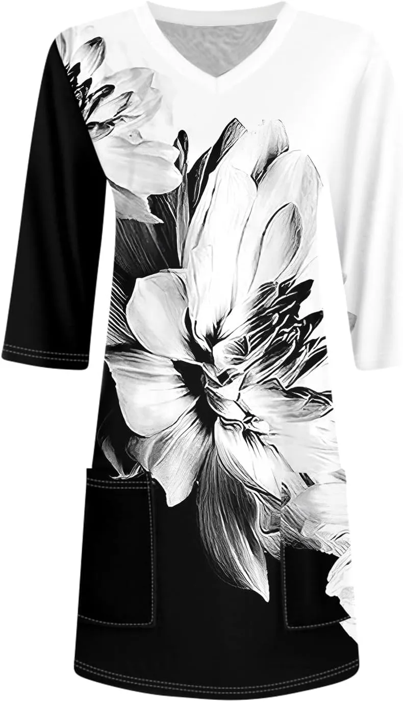 Summer Tops for Women Going Out Casual Tops Long V-Neck Spring Shirt 3/4 Length Sleeve Outfits