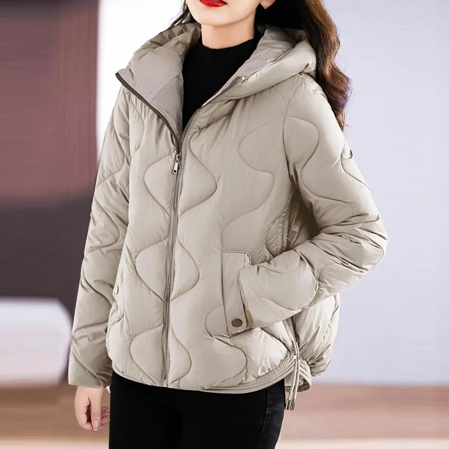 Thicken Winter Coats For Women Baggy Zip Up Cropped Quilted Jackets Soft Lightweight Long Sleeve Down Coats With Hood
