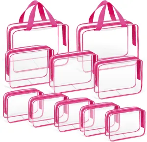 TISRATOK 10 PCS Clear Travel Makeup Toiletry Bag, Plastic PVC Cosmetic TSA Approved Organizer Kit with Zipper HandbagRose Red