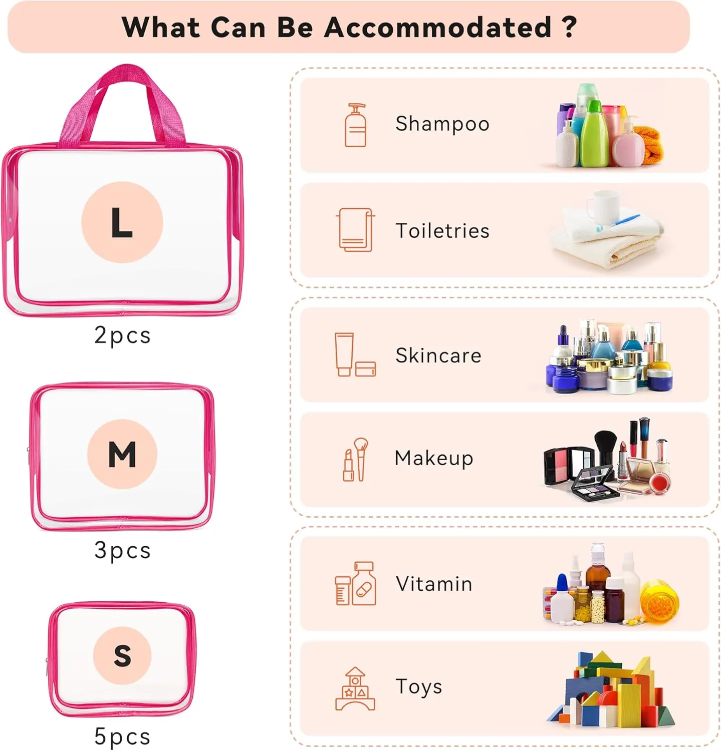 TISRATOK 10 PCS Clear Travel Makeup Toiletry Bag, Plastic PVC Cosmetic TSA Approved Organizer Kit with Zipper HandbagRose Red