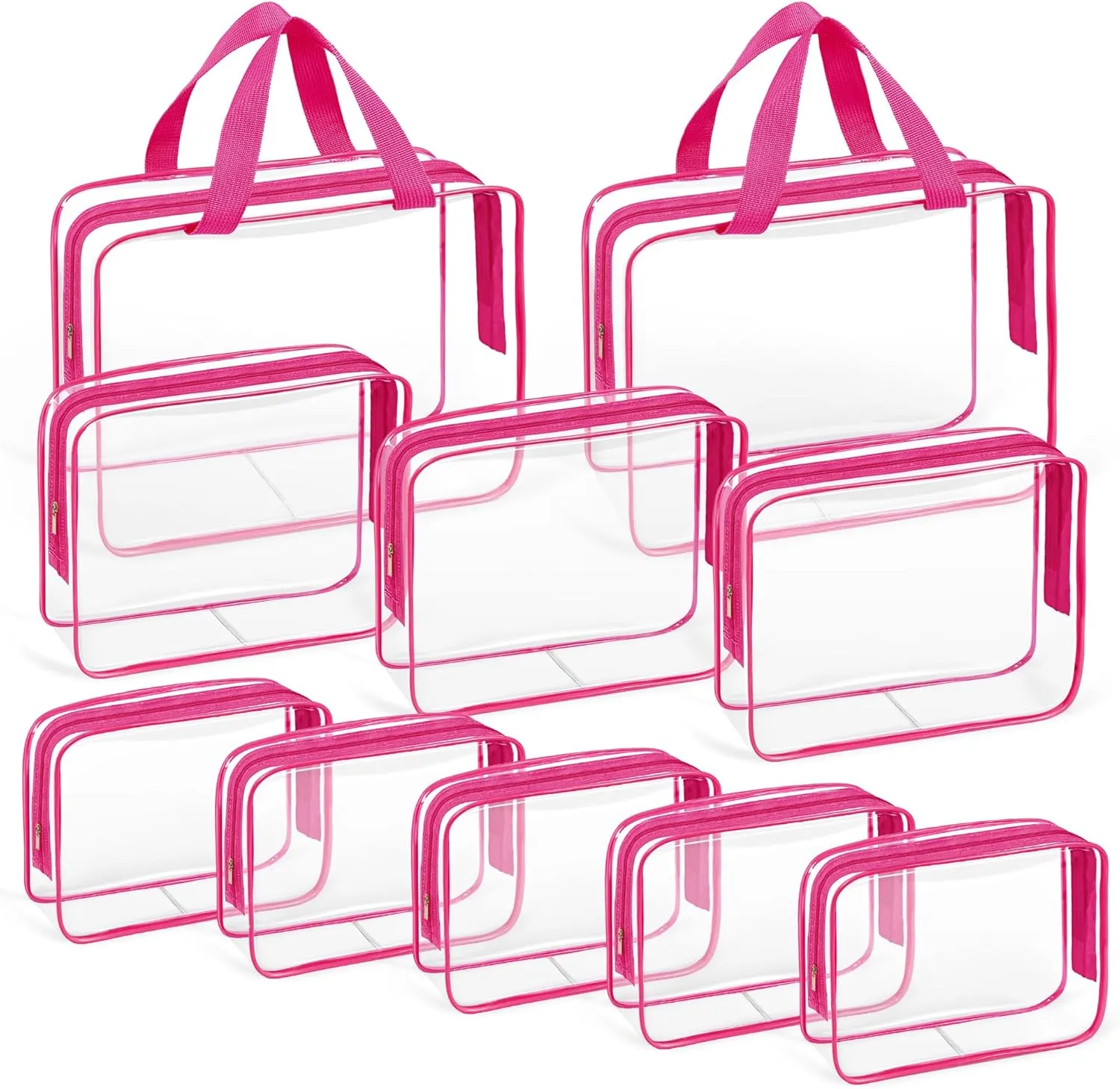 TISRATOK 10 PCS Clear Travel Makeup Toiletry Bag, Plastic PVC Cosmetic TSA Approved Organizer Kit with Zipper HandbagRose Red
