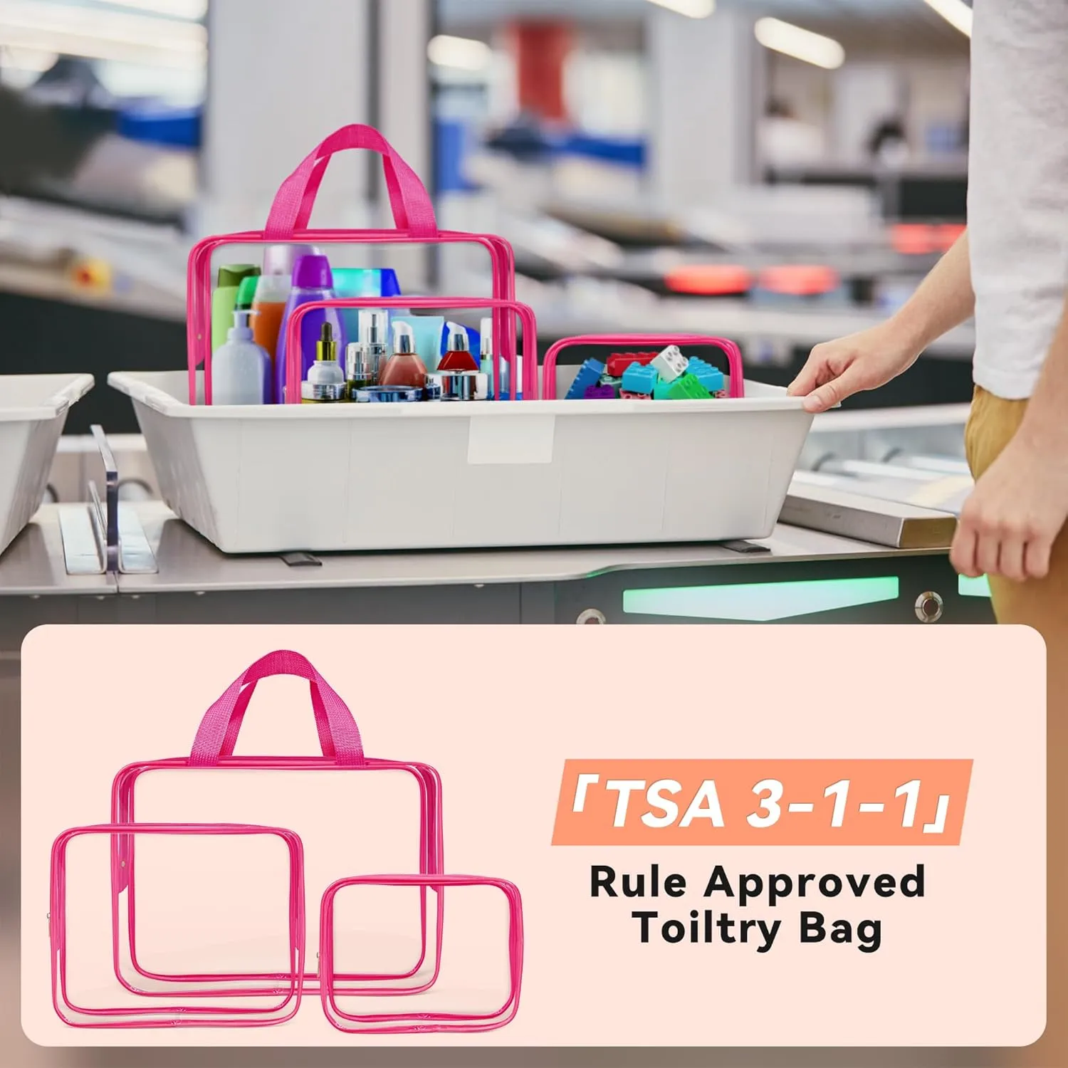 TISRATOK 10 PCS Clear Travel Makeup Toiletry Bag, Plastic PVC Cosmetic TSA Approved Organizer Kit with Zipper HandbagRose Red