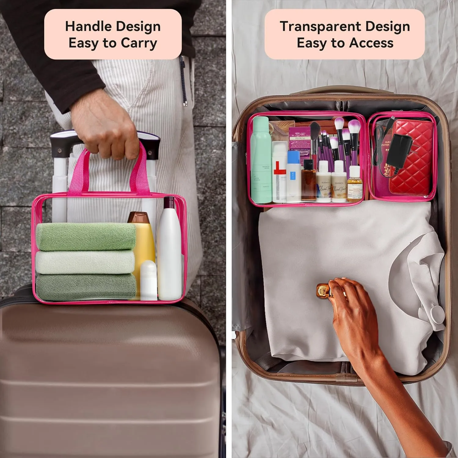 TISRATOK 10 PCS Clear Travel Makeup Toiletry Bag, Plastic PVC Cosmetic TSA Approved Organizer Kit with Zipper HandbagRose Red