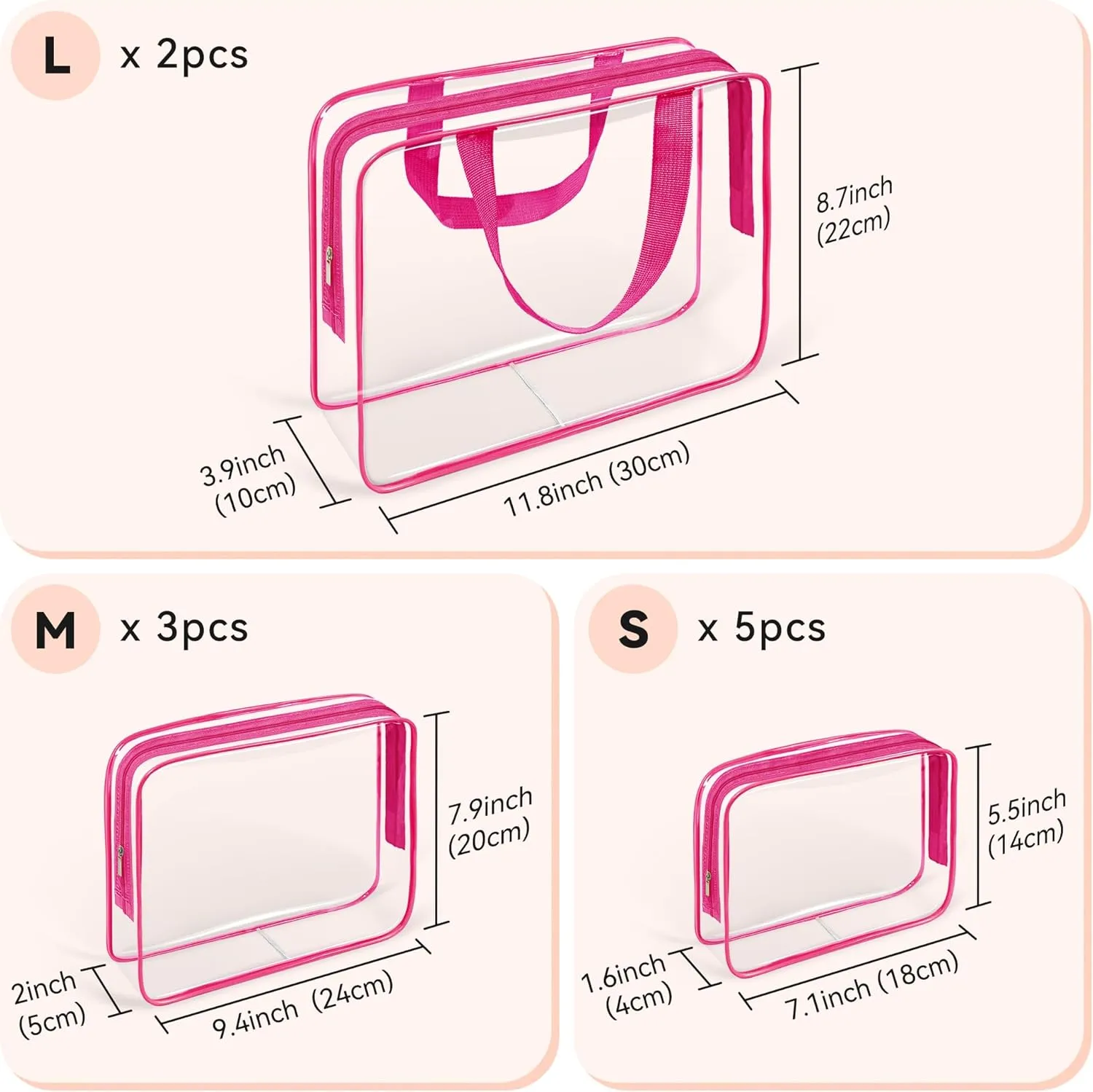 TISRATOK 10 PCS Clear Travel Makeup Toiletry Bag, Plastic PVC Cosmetic TSA Approved Organizer Kit with Zipper HandbagRose Red