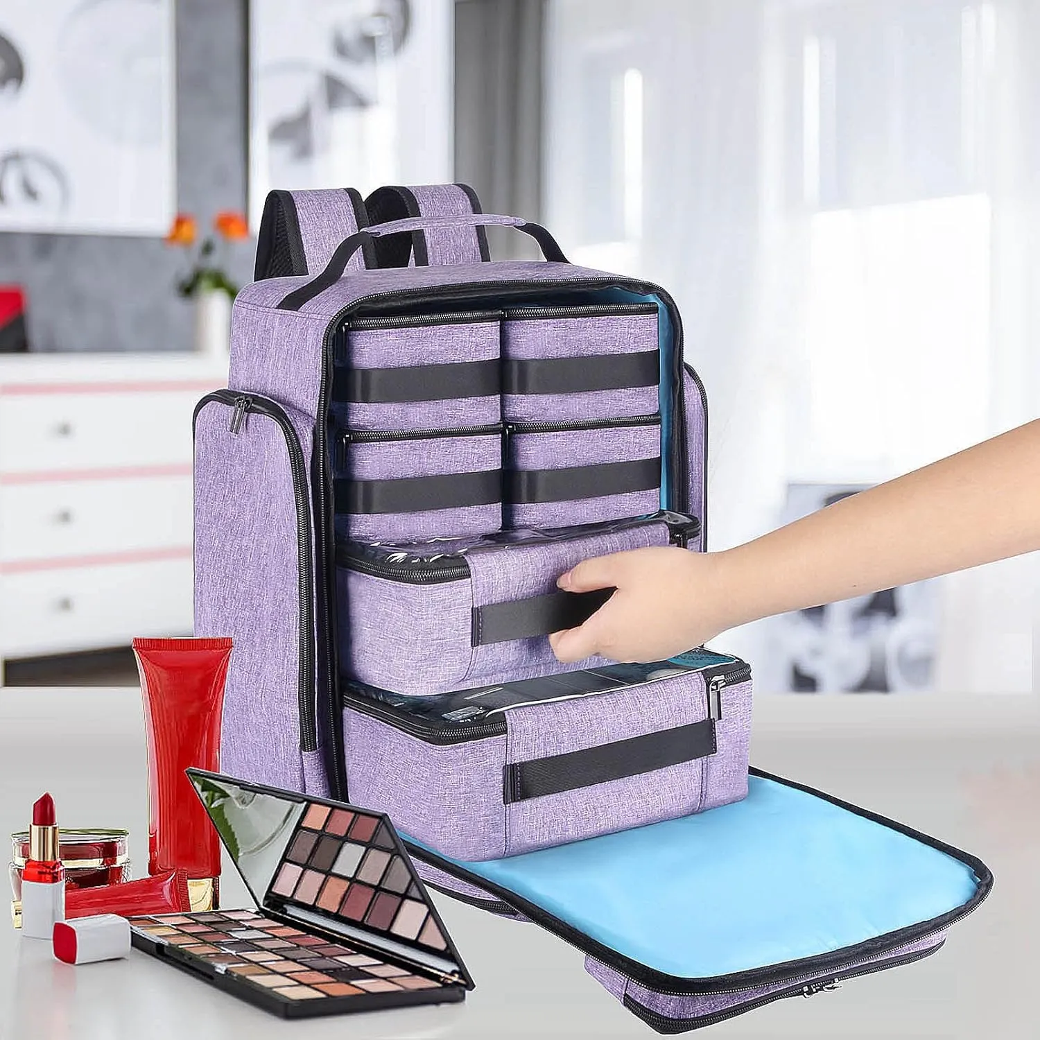 Travel Makeup Organizer Backpack with 6 Removable Cases,Extra Large Cosmetic Storage Bag for Women and Professional Make up Artist (Purple)
