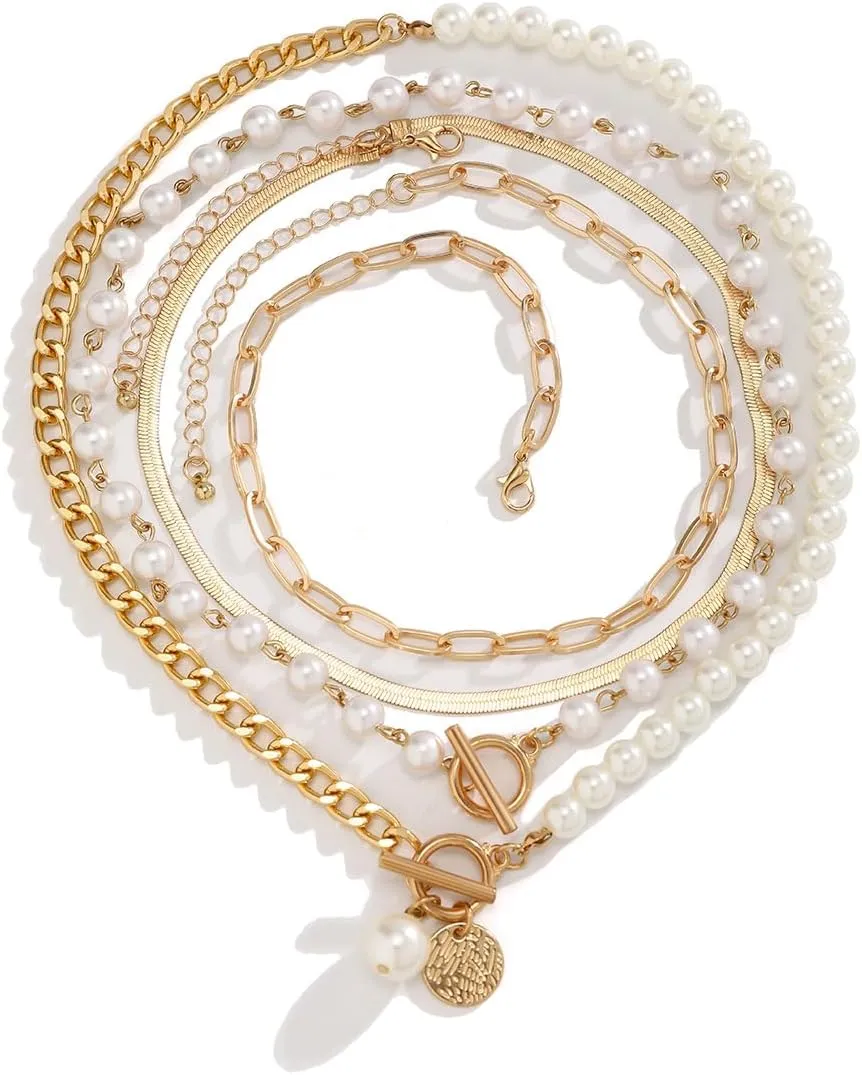 Trendy Pearl Necklaces for Women Pearls Statement Necklace Chunky Necklaces Layered Paperclip Necklace Adjustable Long Necklace