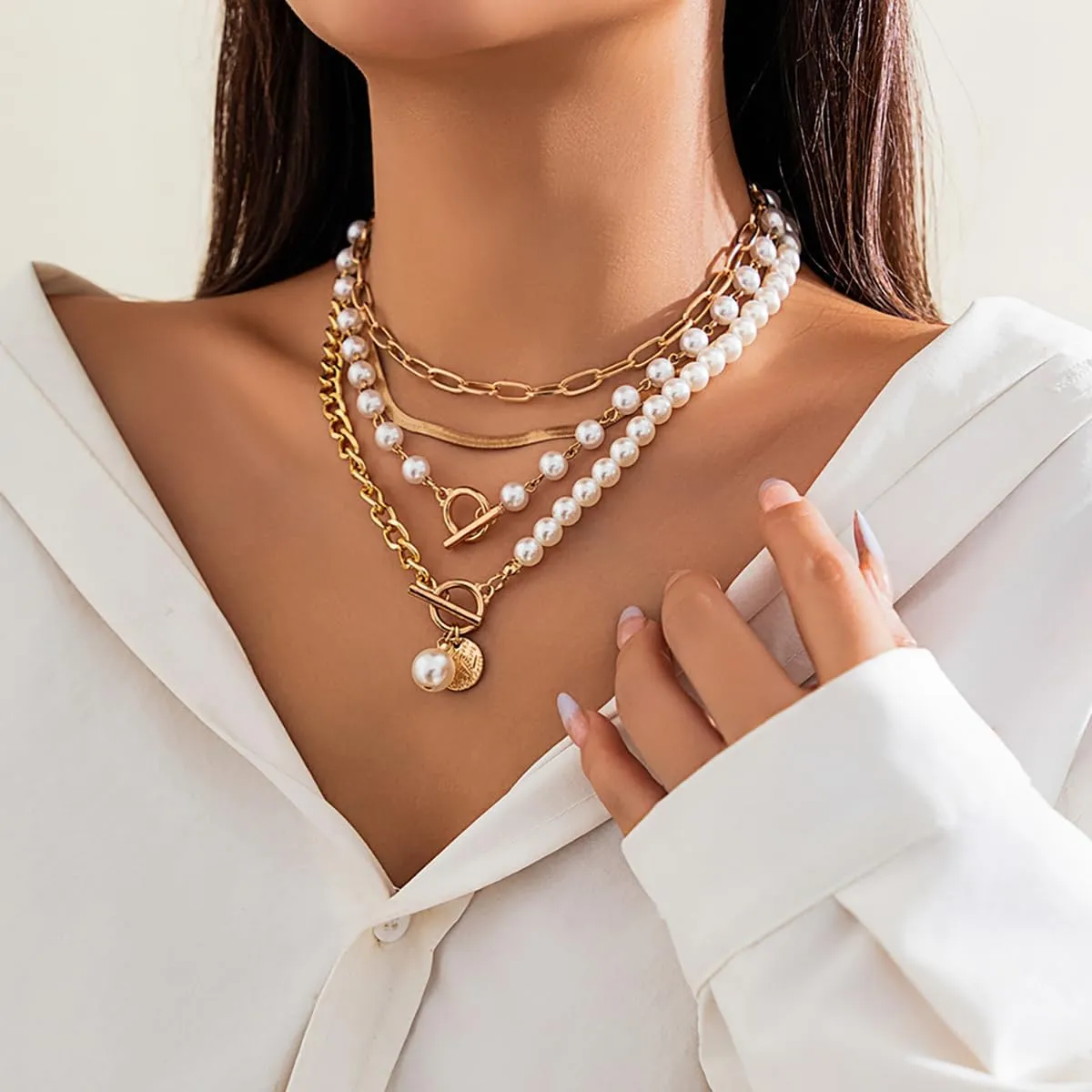 Trendy Pearl Necklaces for Women Pearls Statement Necklace Chunky Necklaces Layered Paperclip Necklace Adjustable Long Necklace