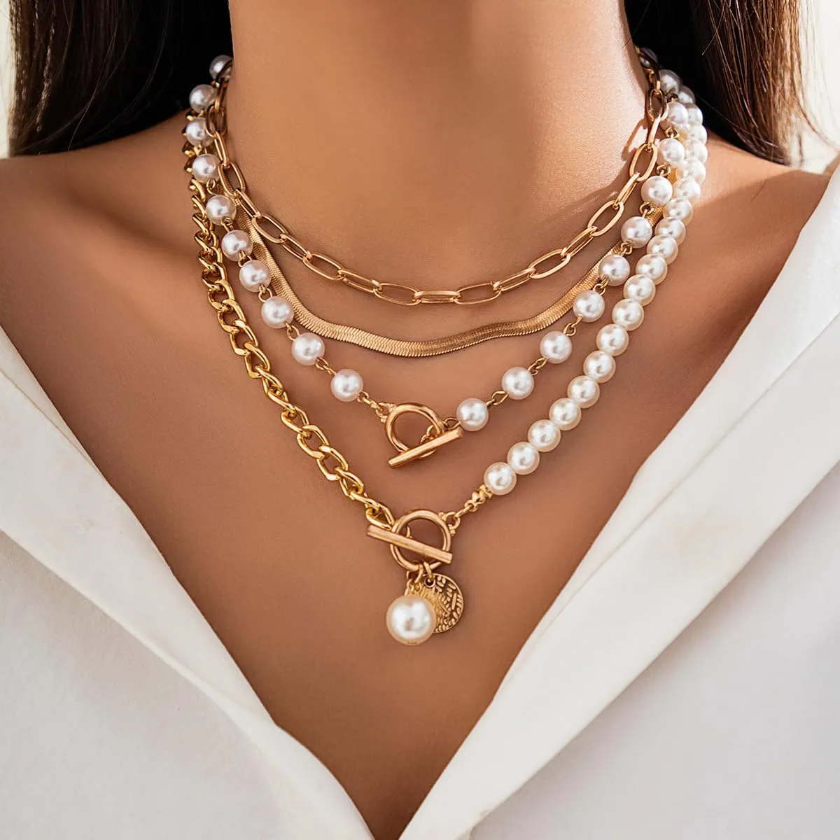 Trendy Pearl Necklaces for Women Pearls Statement Necklace Chunky Necklaces Layered Paperclip Necklace Adjustable Long Necklace