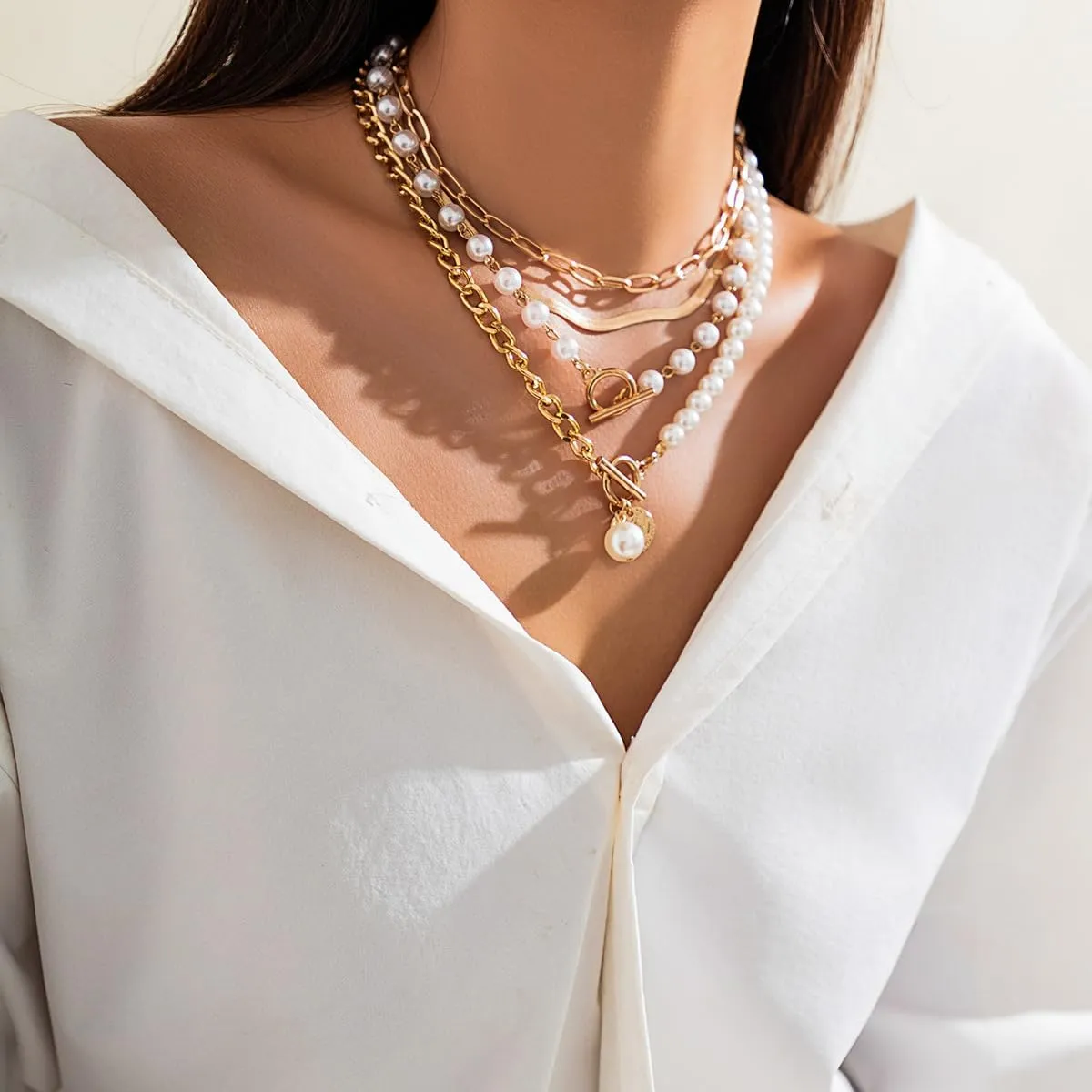 Trendy Pearl Necklaces for Women Pearls Statement Necklace Chunky Necklaces Layered Paperclip Necklace Adjustable Long Necklace