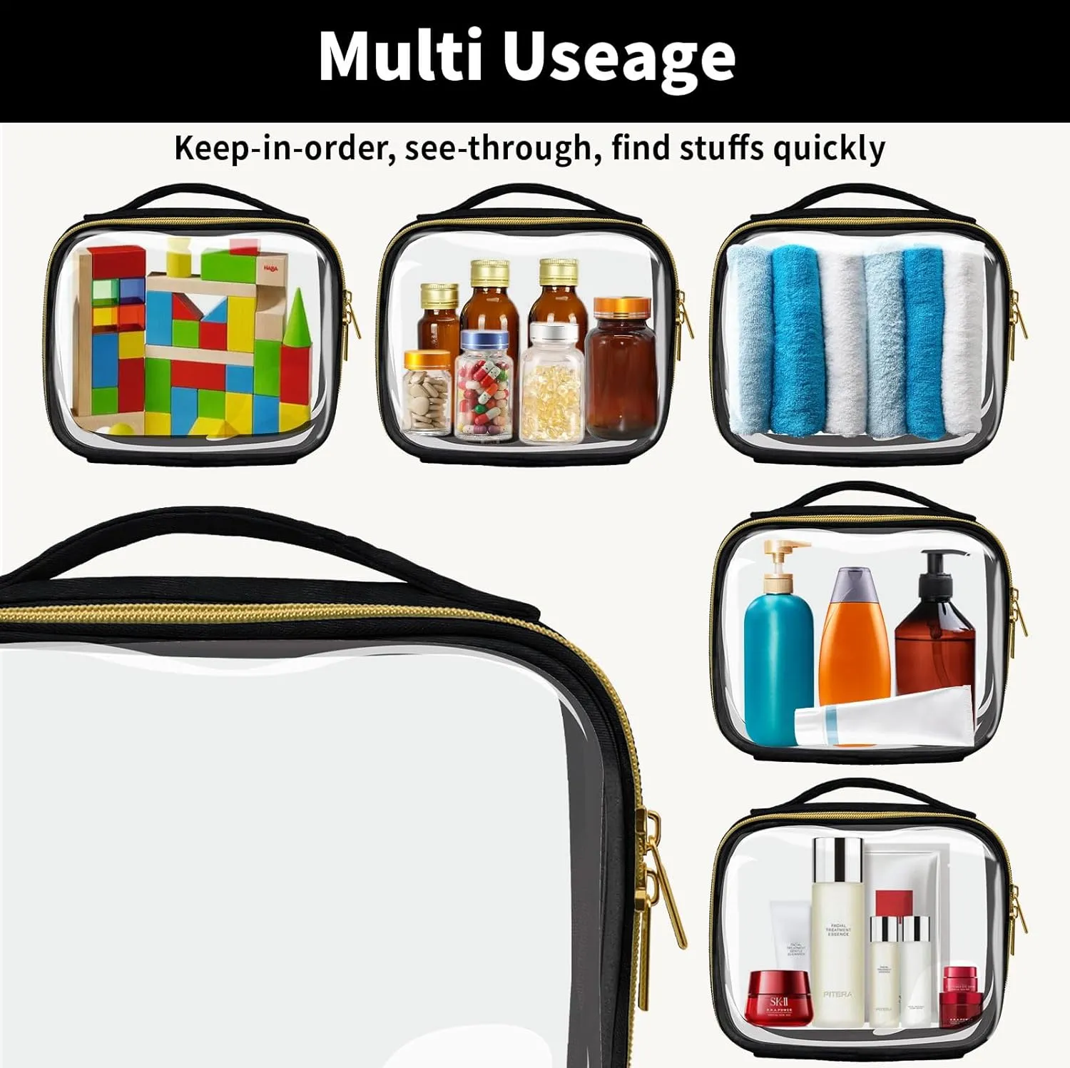 TSA Approved Travel Toiletry Bag,2 Pack Clear Makeup Bags with Handles,Quart Size Clear Cosmetic Bags for Traveling Women,Men,Carry on Airport Airline Compliant Bag,Black