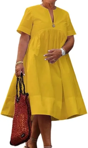 UOOZEE Women's Short Sleeve V Neck A-Line Cotton Dress Swing Flowy Beach Vacation Sundress 2025 Loose Midi Dresses