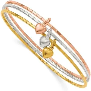 V&V Jewelry Heart Bangle Bracelet Set for Women  Sterling Silver, Gold-Tone & Rose Gold Bangles with Puffed Heart Charms  Stackable Polished Design fine women's jewelry
