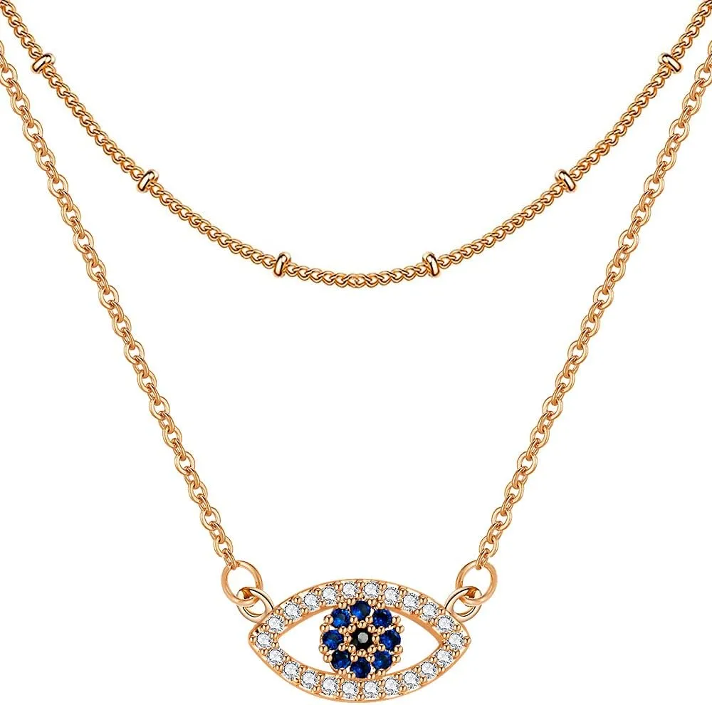 Vermeyen Gold Evil Eye Layered Necklaces for Women 14k Gold Plated Evil Eye Layering Necklaces Satellite Beaded Rose Gold Choker Necklaces Dainty Fake Diamond Pendant Necklace Set 2Pcs