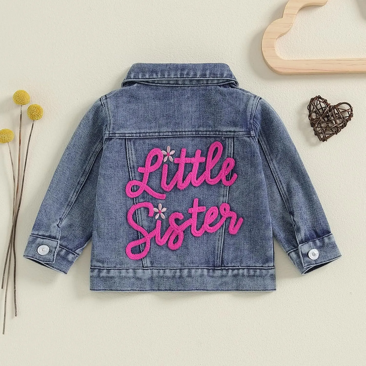 VISGOGO Toddler Baby Girl Jacket Big Lil Sister/Brother Letter Embroidery Jean Long Sleeve Cardigan Button Denim Coat
