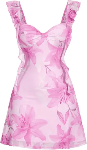 WDIRARA Women's Floral Mesh A Line Mini Dress Twist Front Ruffle Sleeveless Cami Dresses