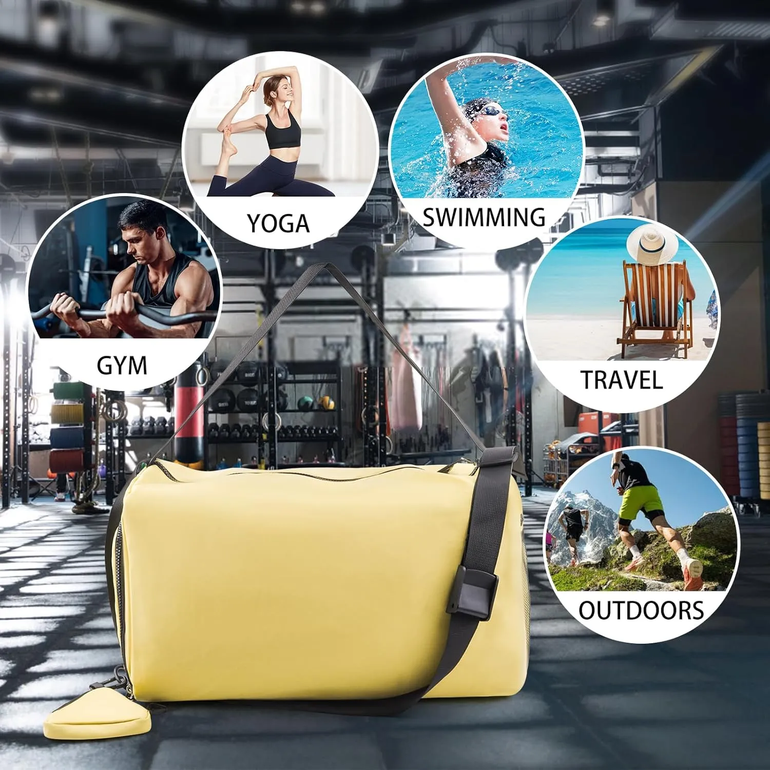 Weekender Bag  Geila Personal Item Duffel Bag with Shoes Compartment, Overnight Travel Bag, Yoga & Gym Bag (Yellow)