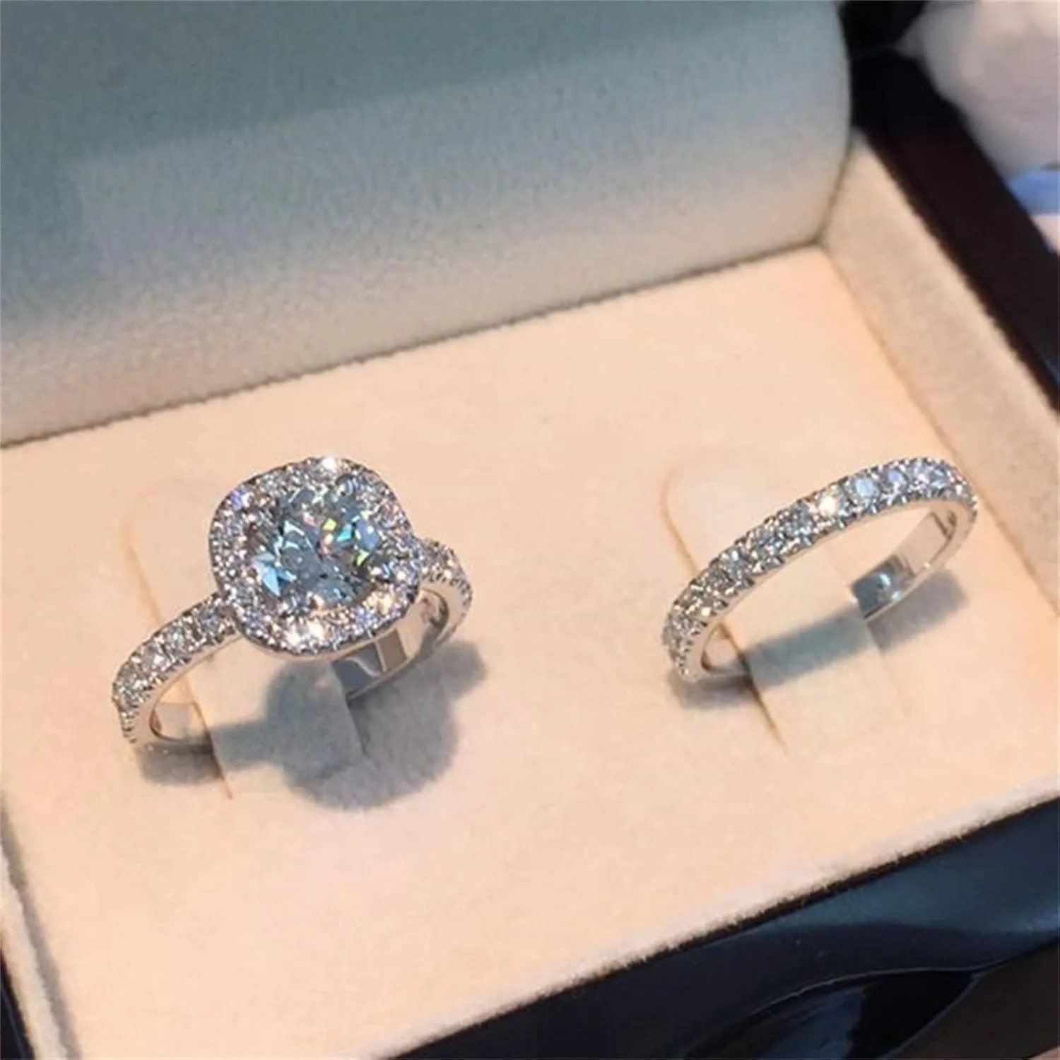 White Gold Plated Cubic Zirconia Halo Wedding Band Set Engagement Promise Eternity Ring for Women Bridal Trendy Jewelry Gifts