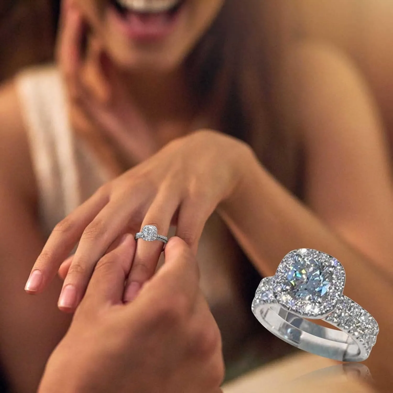 White Gold Plated Cubic Zirconia Halo Wedding Band Set Engagement Promise Eternity Ring for Women Bridal Trendy Jewelry Gifts