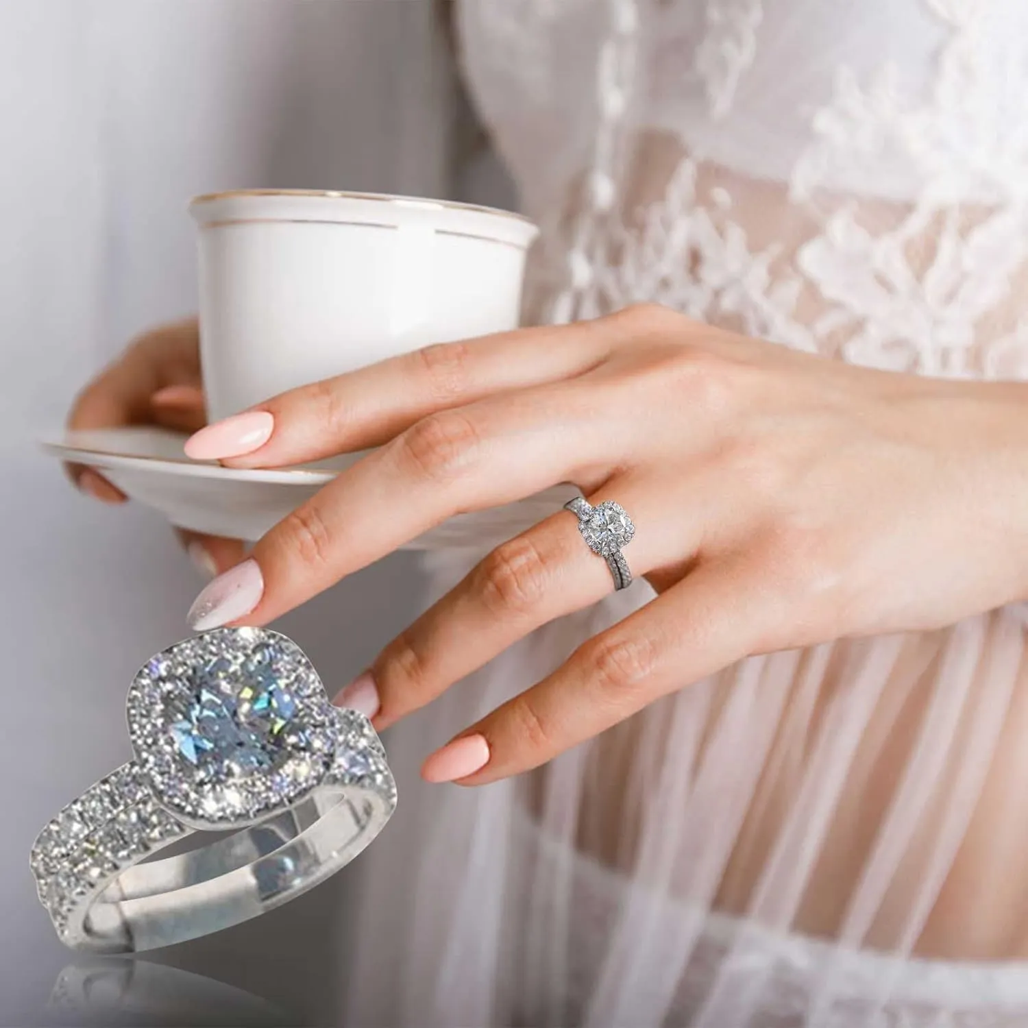 White Gold Plated Cubic Zirconia Halo Wedding Band Set Engagement Promise Eternity Ring for Women Bridal Trendy Jewelry Gifts