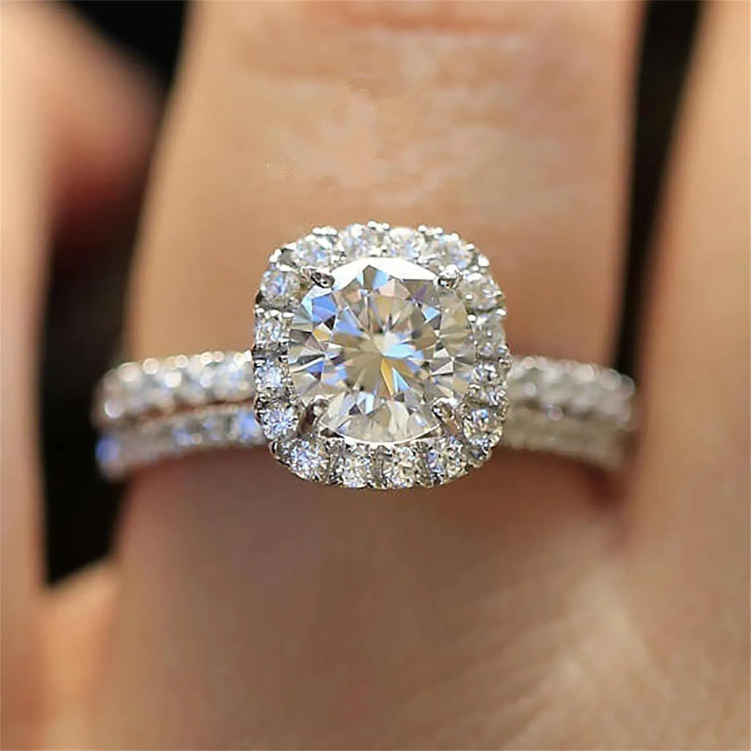 White Gold Plated Cubic Zirconia Halo Wedding Band Set Engagement Promise Eternity Ring for Women Bridal Trendy Jewelry Gifts