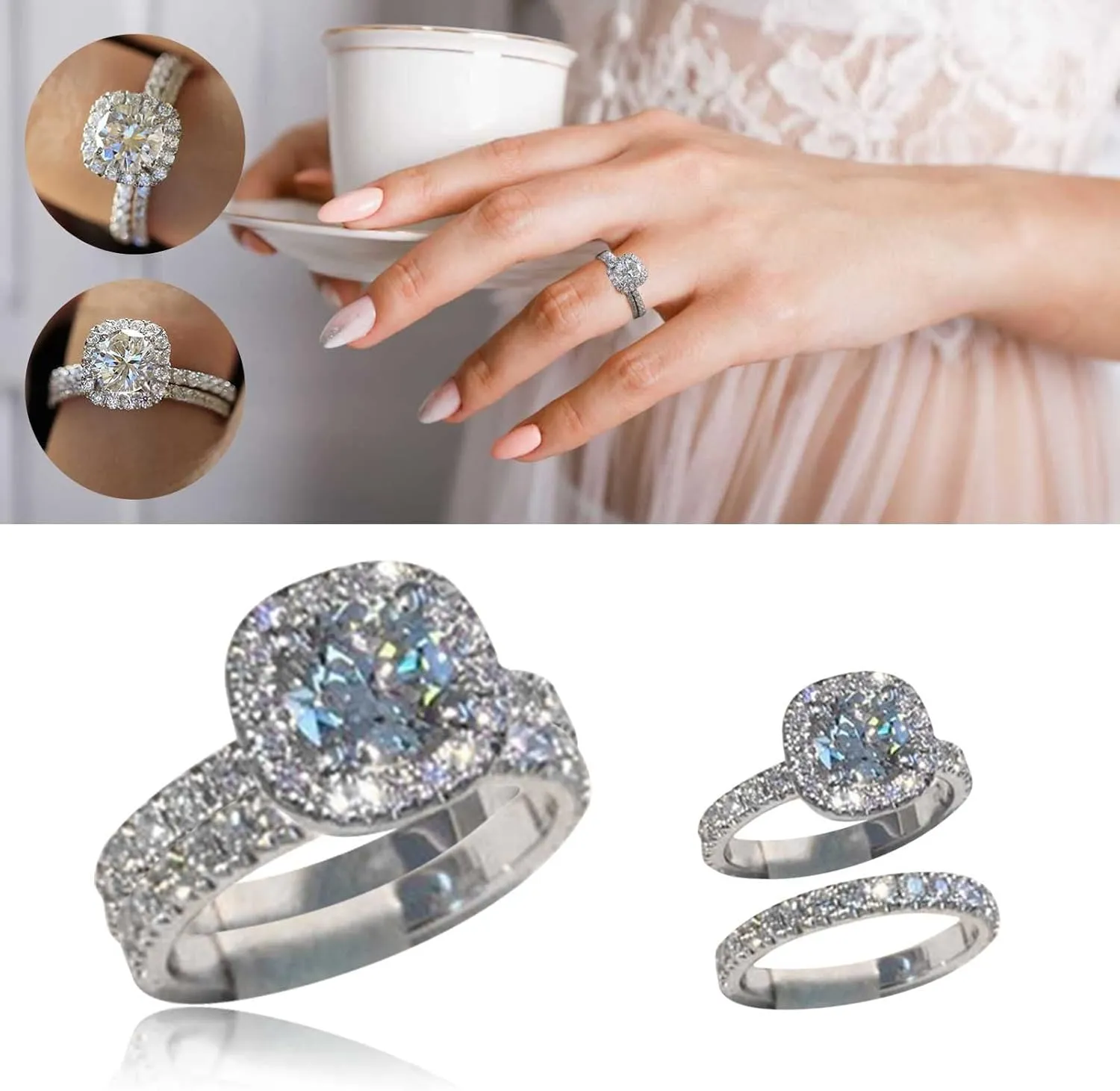 White Gold Plated Cubic Zirconia Halo Wedding Band Set Engagement Promise Eternity Ring for Women Bridal Trendy Jewelry Gifts