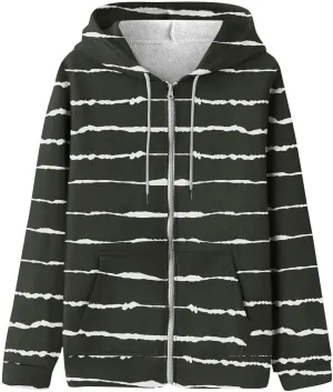 Winter Coats for Women 2024 Trendy Striped Hoodies Long Sleeve Cardigan Jackets Full Zip Drawstring Sweatshirt