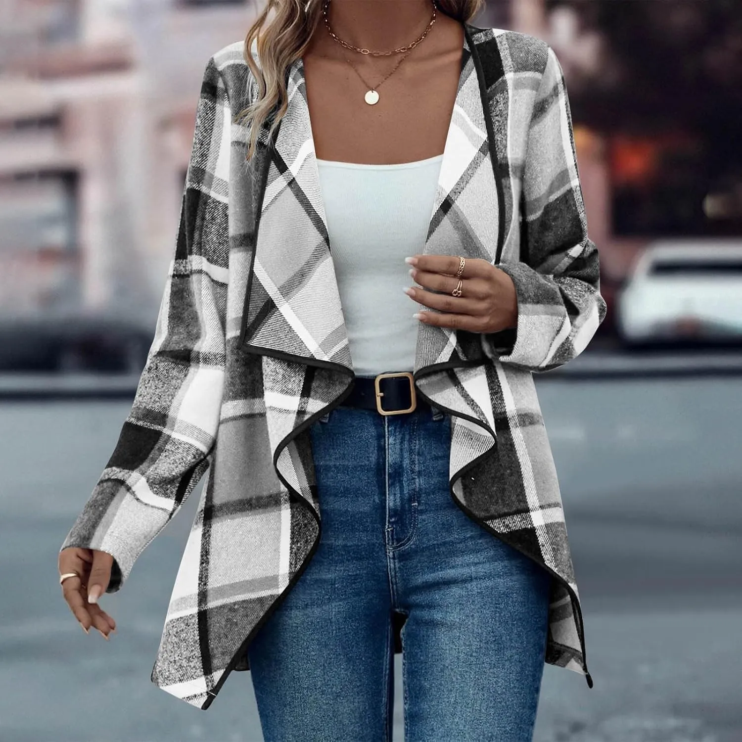 Winter Coats for Women Oversized Casual Cardigan Tops Long Sleeve Hoodless Plaid Jackets 2024 Fall Clothes