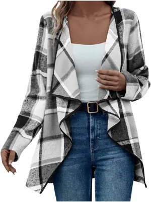 Winter Coats for Women Oversized Casual Cardigan Tops Long Sleeve Hoodless Plaid Jackets 2024 Fall Clothes