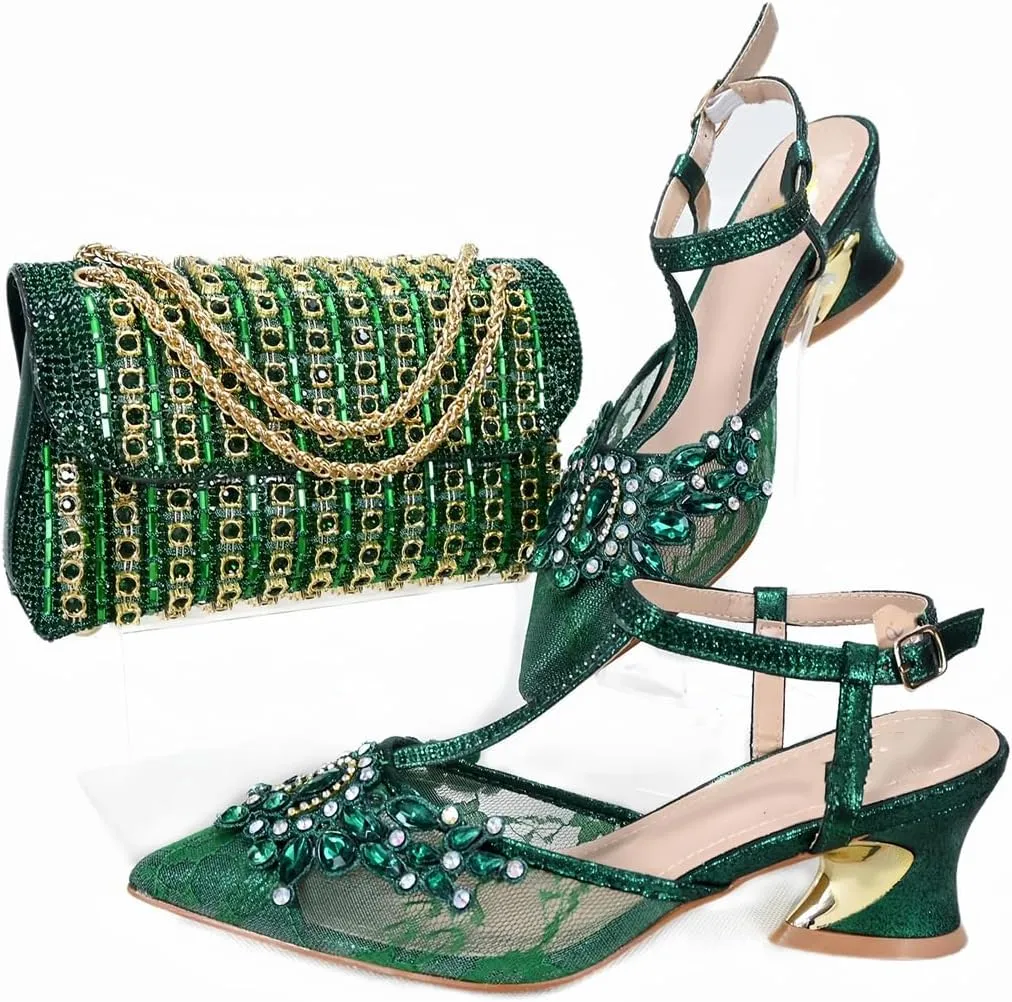 Wjnvfioo Women Evening Dress Shoes Bag Set Italian Style Sparkling Mesh Wedding Set