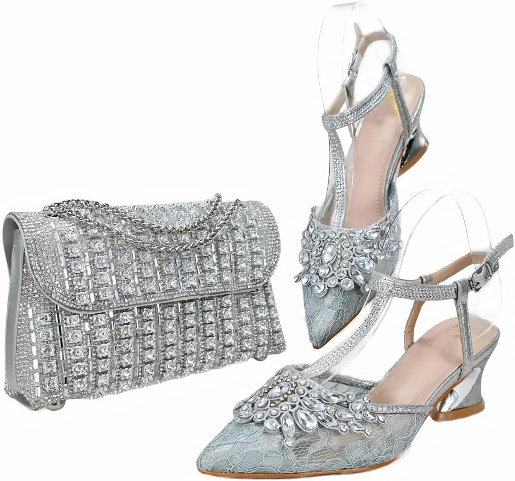 Wjnvfioo Women Evening Dress Shoes Bag Set Italian Style Sparkling Mesh Wedding Set