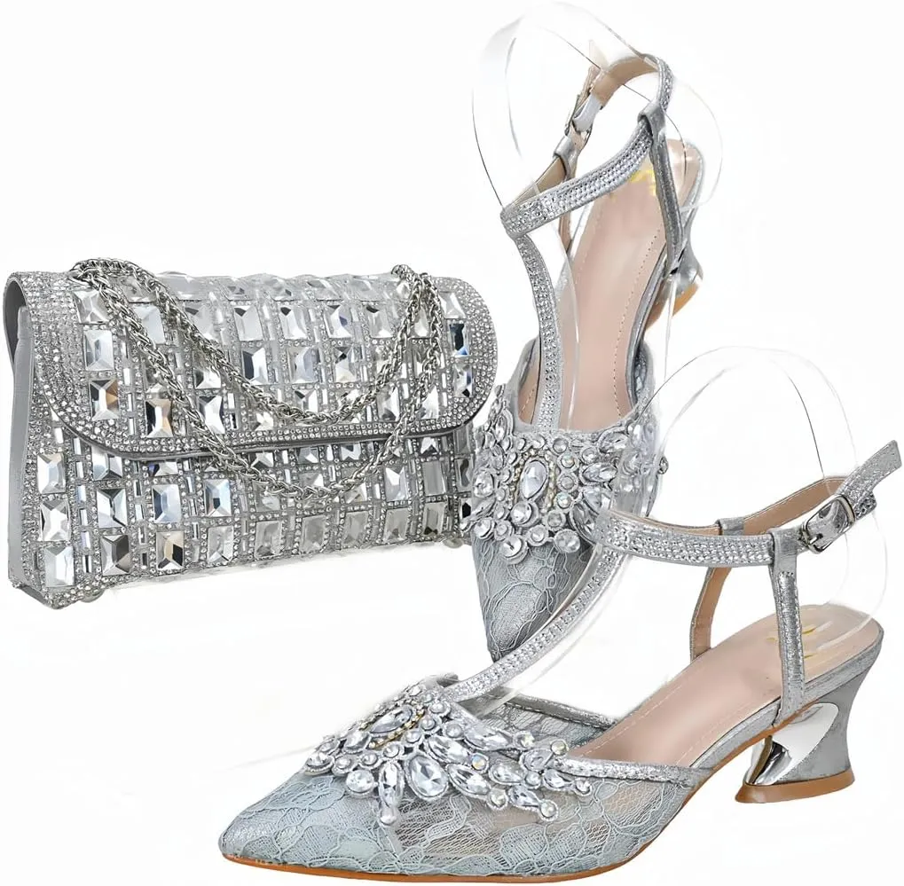 Wjnvfioo Women Evening Dress Shoes Bag Set Italian Style Sparkling Mesh Wedding Set