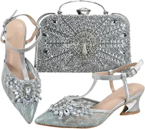 Wjnvfioo Women Evening Dress Shoes Bag Set Italian Style Sparkling Mesh Wedding Set