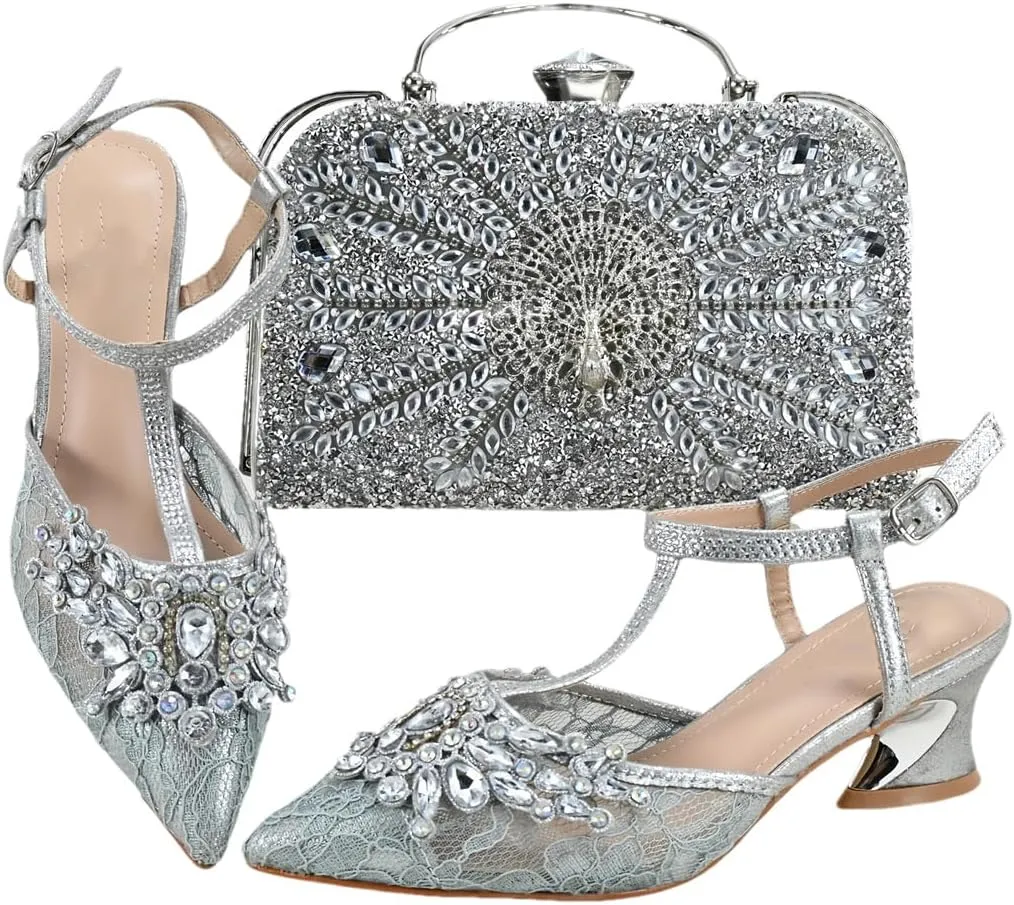 Wjnvfioo Women Evening Dress Shoes Bag Set Italian Style Sparkling Mesh Wedding Set
