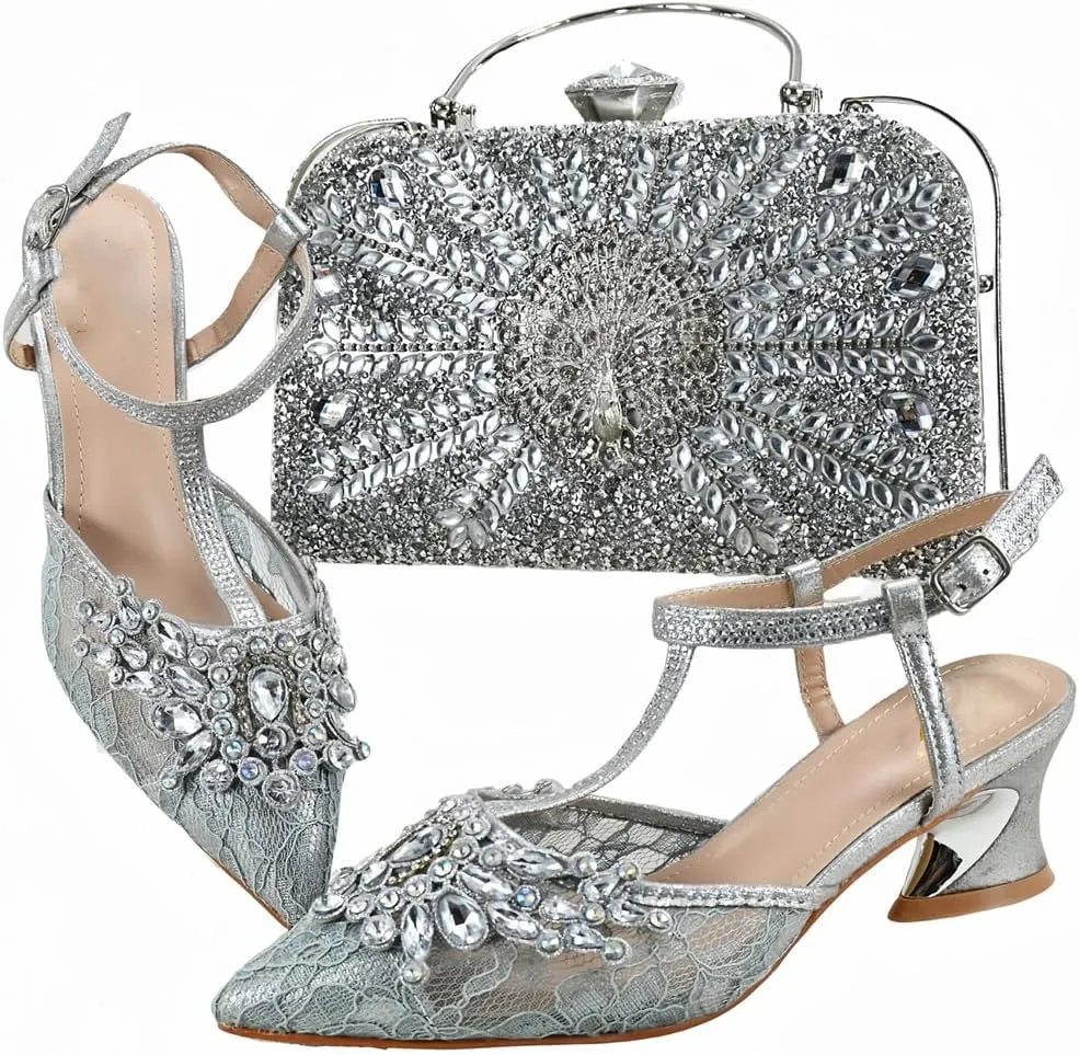 Wjnvfioo Women Evening Dress Shoes Bag Set Italian Style Sparkling Mesh Wedding Set