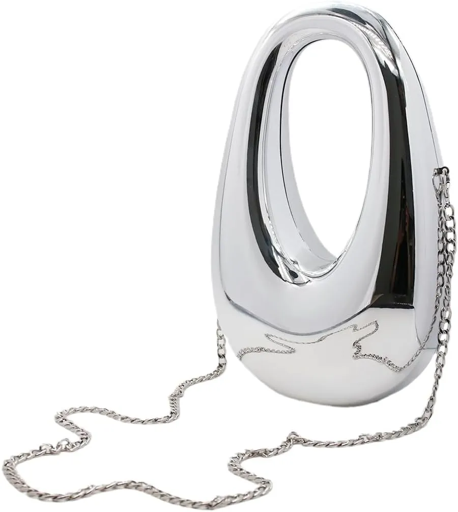 Women Acrylic Clutch Purse Egg Shape Evening Bag Metallic Top Handle Handbag Mirror Shoulder Bag for Wedding Party
