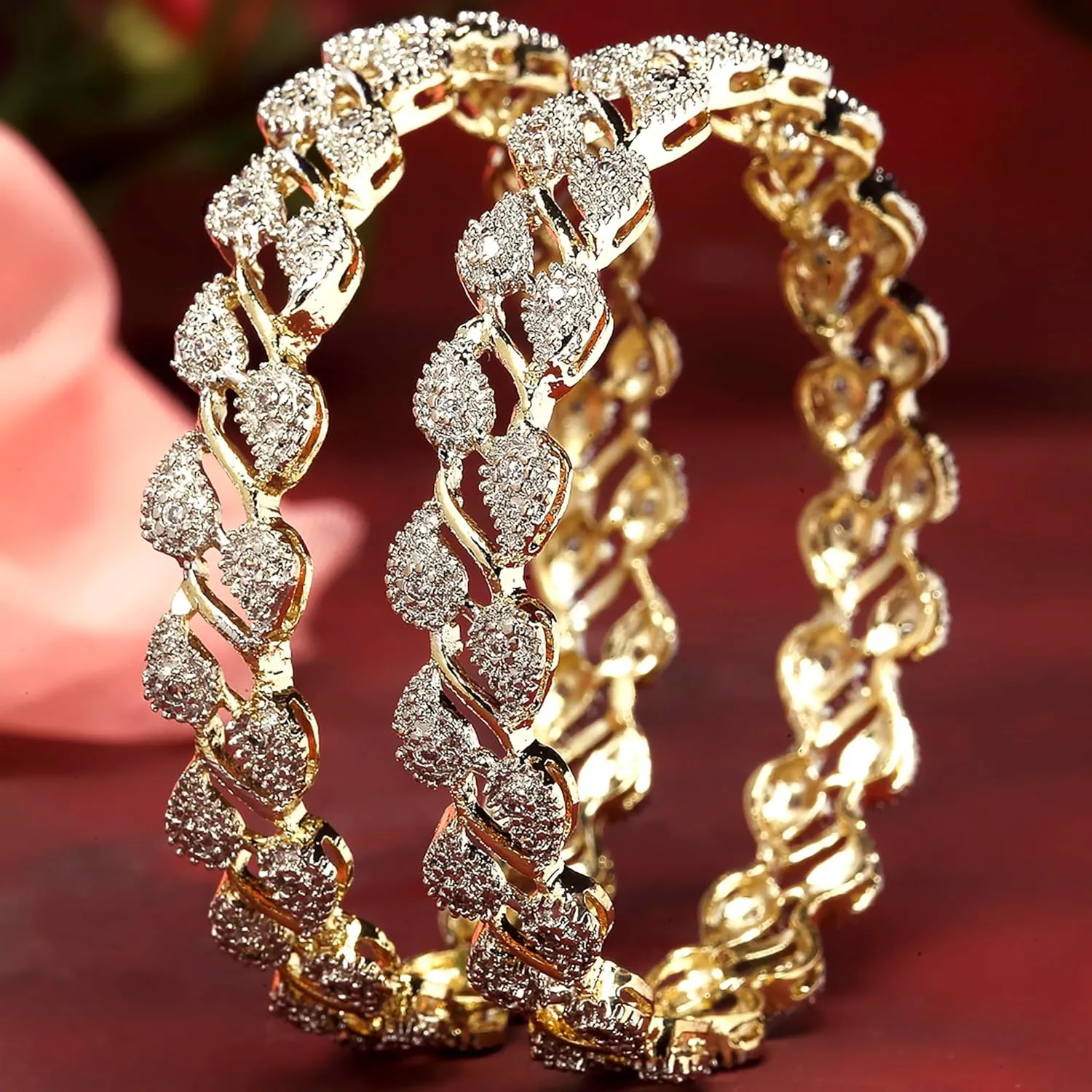 Women Bangle Gold Plated American Diamond Studded Sparkling Leafy Designed Set Of 2 Bangle Jewellery (2.4)