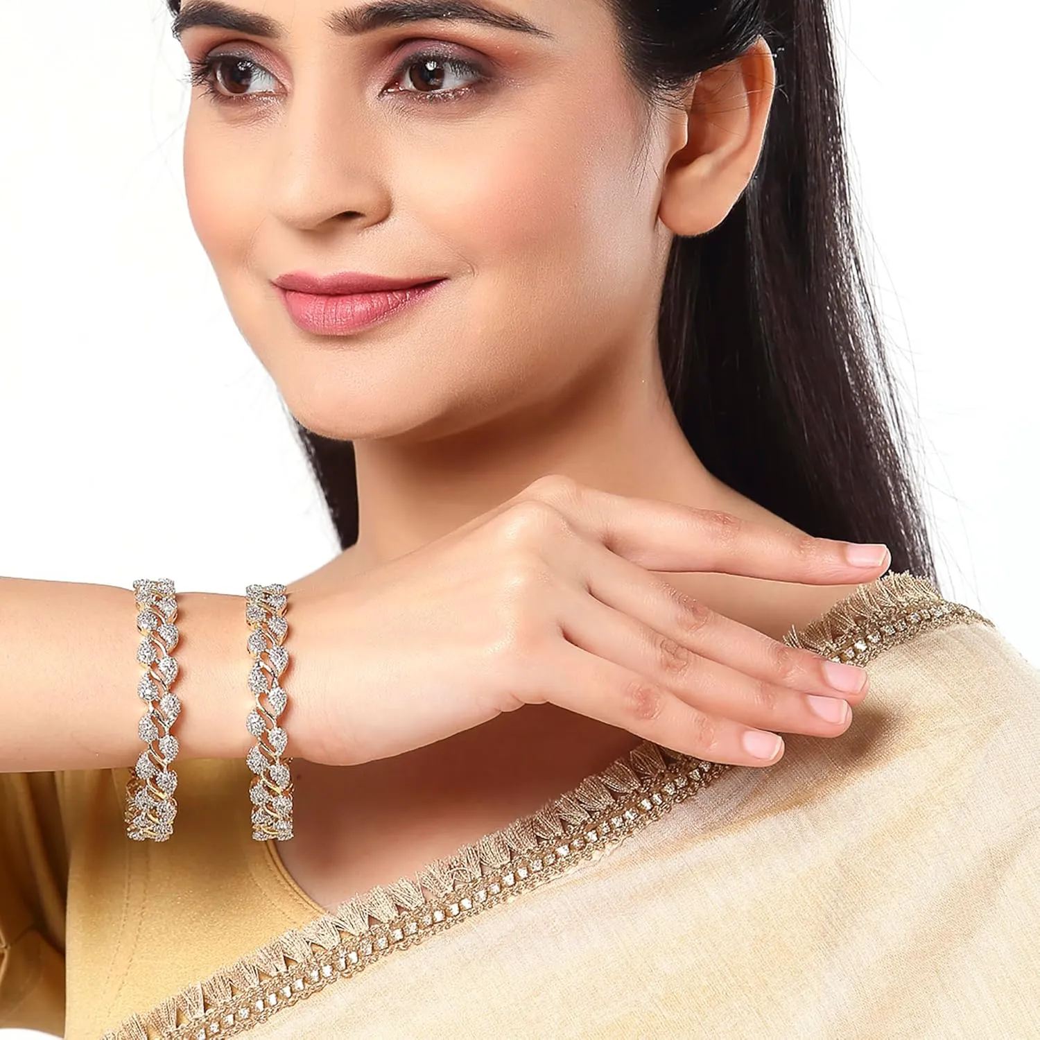Women Bangle Gold Plated American Diamond Studded Sparkling Leafy Designed Set Of 2 Bangle Jewellery (2.4)