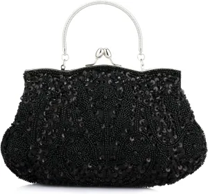 Women Beaded Sequin Design Flowers Evening Wedding Clutch Handbag Purse Vintage Beaded Embroidery Crossbody Evening Bag